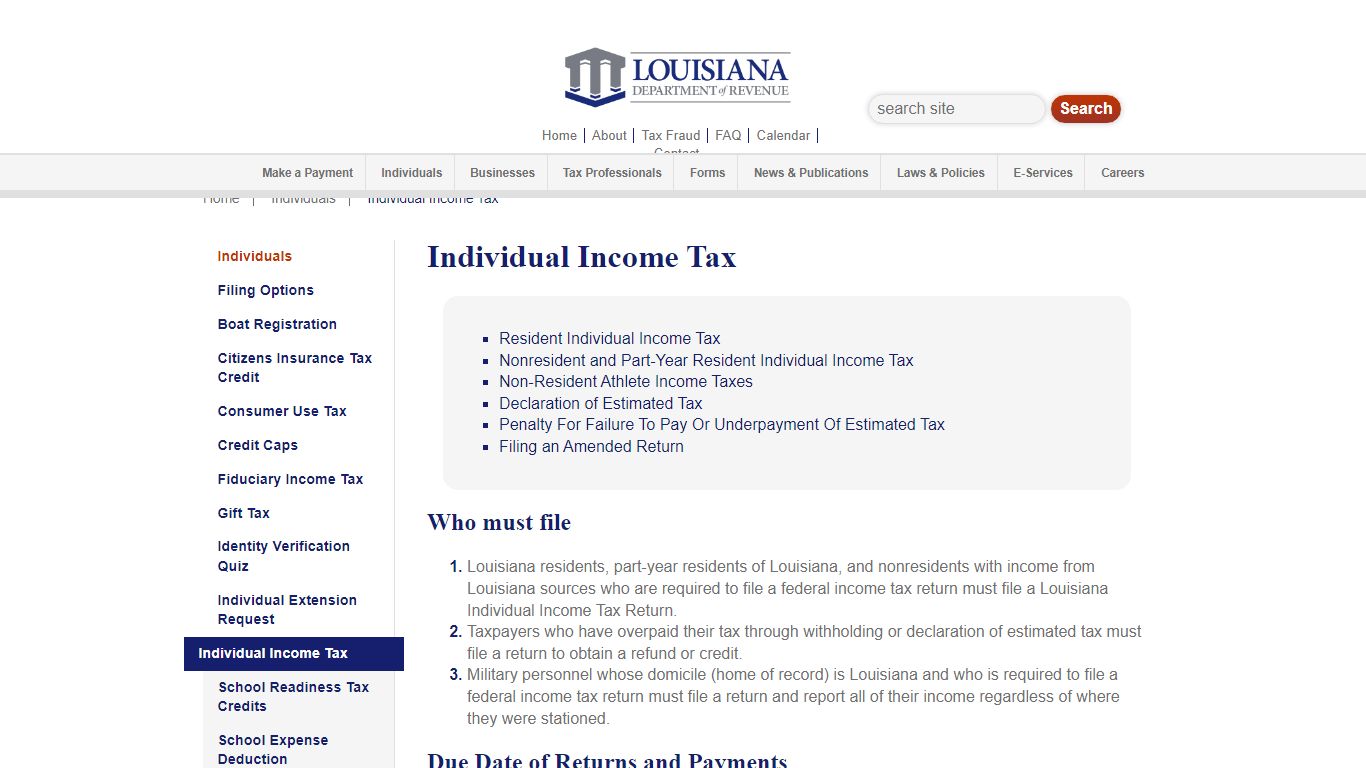 Individual Income Tax - Louisiana Department of Revenue
